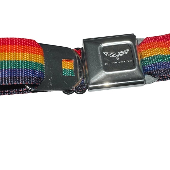 BUCKLE-DOWN SEAT BELT RAINBOW STRIPE ADJUSTABLE BELT WITH CORVETTE LOGO BUCKLE - Picture 9 of 9